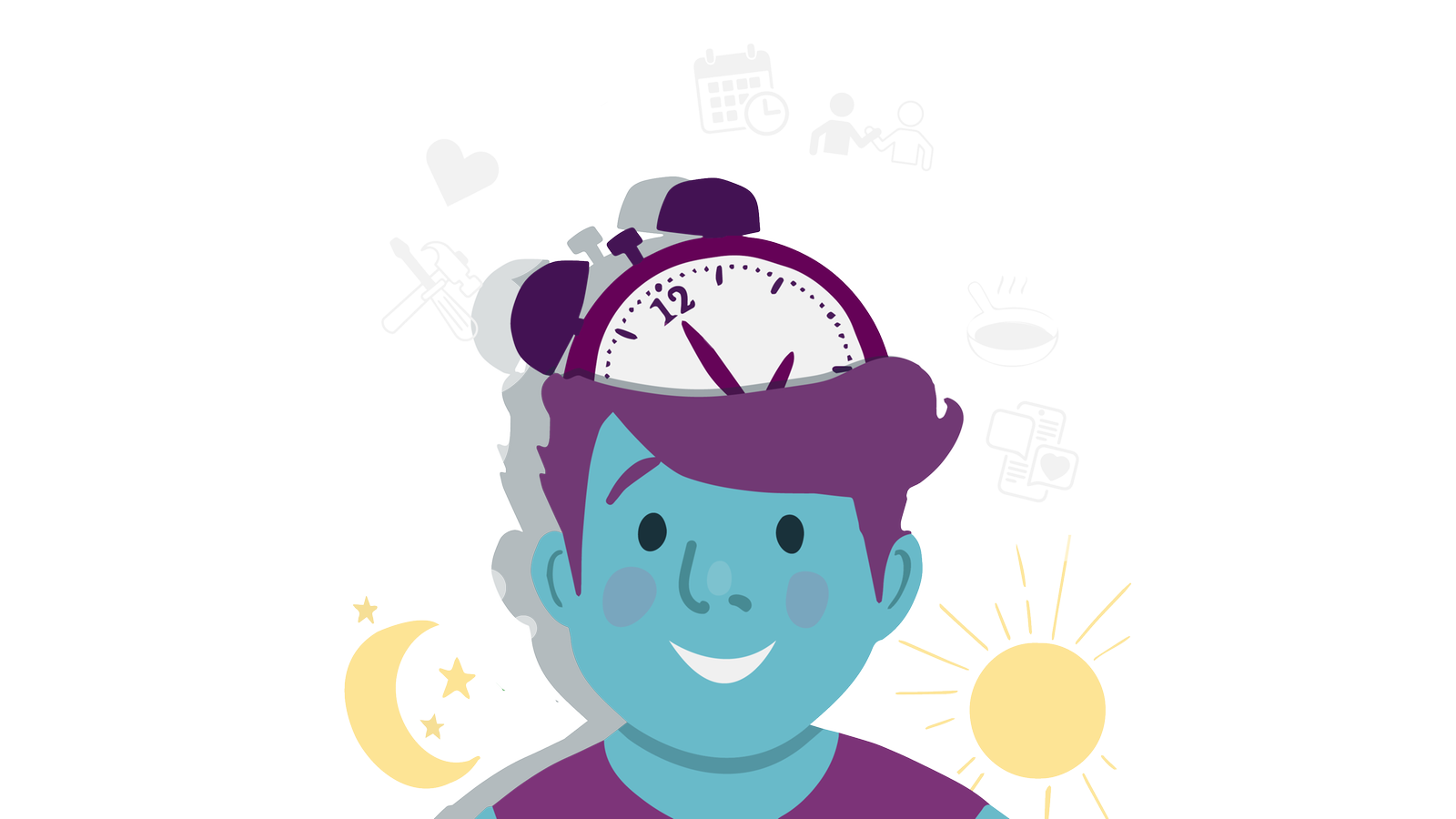 Die Illustration zeigt eine Person mit einer Uhr im Kopf, drumherum sieht man eine Gedankenblase mit verschiedenen kleinen Symbolen, wie Kalender, Pfanne und Herz.