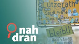 Ortsschild von Lützerath - danaben das Logo von nah dran