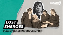 Die vier Mütter des Grundgesetzes sind in schwarz weiß auf einer grün-grauen Grafik vor der Gastgeberin des Podcasts illustiriert
