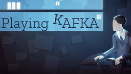 Franz Kafka als Videospielfigur im schwarzen Anzug mit Krawatte schaut auf den Schriftzug: Playing Kafka