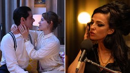 Filmszenen von "Ein Glücksfall": Ein Mann und eine Frau sitzen auf einer Couch und halten sich zärtlich in den Armen und von "Back to Black": Marisa Abela als Amy Winehouse vor einem Mikrofon.