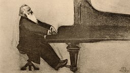 Zeichnung: Johannes Brahms am Klavier