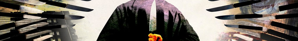 Eine Person im Kapuzenpulli wird von Messern bedroht und hält selbst ein Messer hinter dem Rücken.